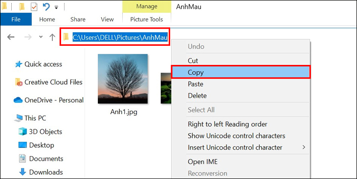 Chọn Copy để sao chép đường dẫn thư mục ảnh