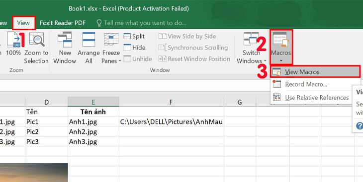 Những cách chèn ảnh vào Excel dễ dàng, nhanh chóng > Nhấn tab View > Nhấn chọn Macros > View Macros