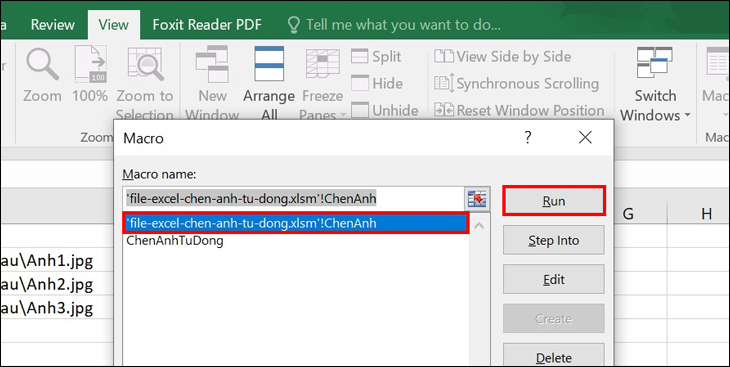 Những cách chèn ảnh vào Excel dễ dàng, nhanh chóng > Chọn file vừa tải > Nhấn chọn Run để kích hoạt file