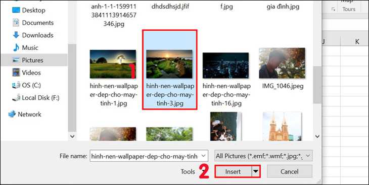 Những cách chèn ảnh vào Excel dễ dàng, nhanh chóng > Chọn hình mà bạn muốn chèn sau đó nhấn Insert để chèn hình