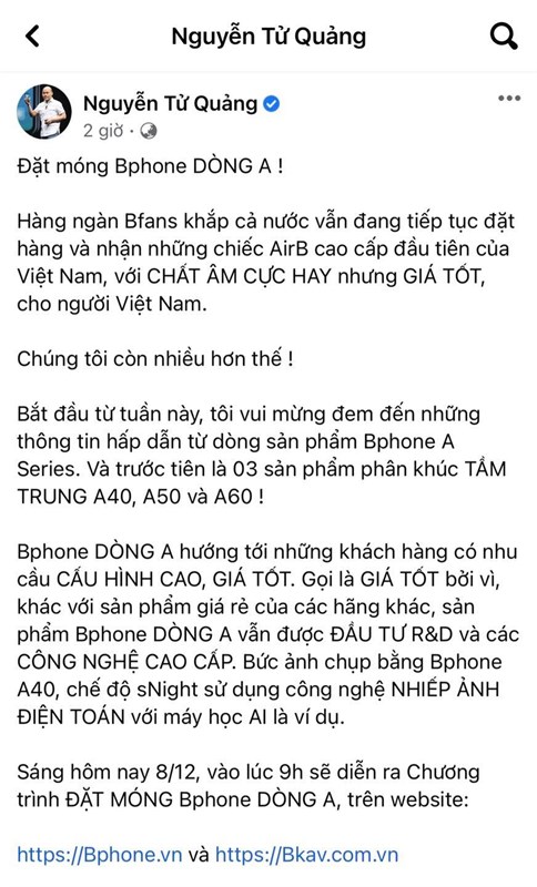 Bkav chính thức cho người dùng đặt móng Bphone A40. Nguồn: Facebook Nguyễn Tử Quảng.