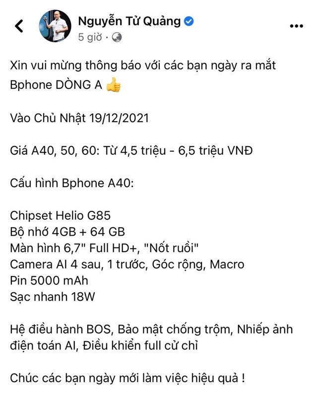 Bphone A40 đã được hé lộ ngày ra mắt, giá bán và cấu hình. Nguồn: Facebook Nguyễn Tử Quảng.