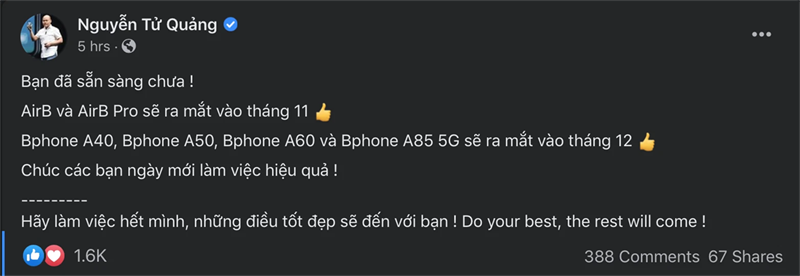 Bphone A85 5G có thể sẽ ra mắt vào tháng 12 năm nay. Nguồn: Facebook Nguyễn Tử Quảng.