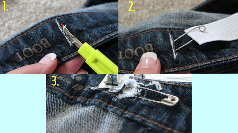 Các bước sửa lưng quần jeans rộng bằng dây chun và băng kim