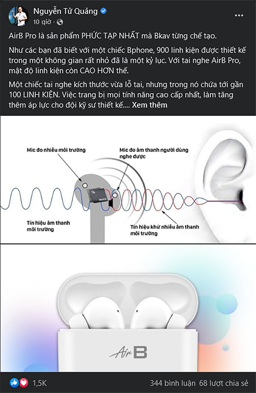 Bài post chia sẻ về tai nghe AirB Pro của ông Nguyễn Tử Quảng.