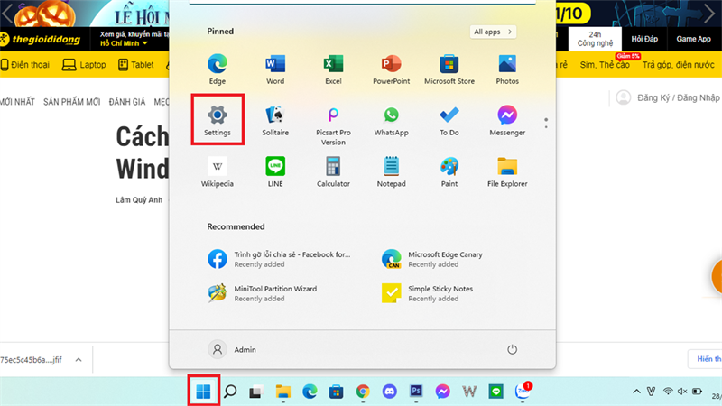 vào cài đặt  trên windows 11