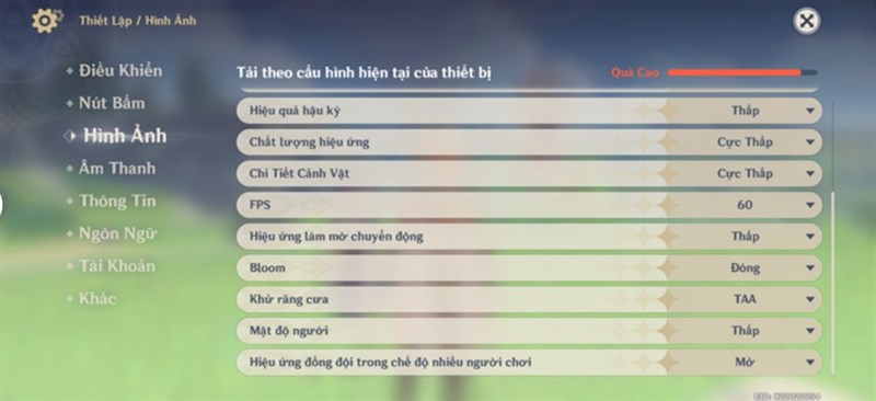 Mức setting đồ họa trong game Genshin Impact