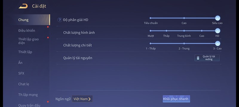 Thiết lập đồ họa trong game Liên Quân Mobile mà mình chỉnh để test pin Xiaomi 11T Pro.