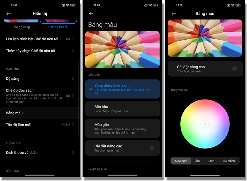 Tính năng chỉnh màu sắc màn hình trên Xiaomi 11 Lite 5G NE.