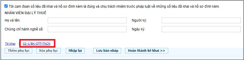 Chọn vào 02-1/BK-QTT-TNCN để kê khai số người phụ thuộc Chọn vào 02-1/BK-QTT-TNCN để kê khai số người phụ thuộc
