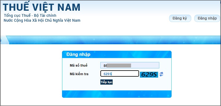 Bạn vào đăng nhập vào trang Thuế điện tử, nhập MST, mã kiểm tra và nhấn Tiếp tục Bạn vào đăng nhập vào trang Thuế điện tử, nhập MST, mã kiểm tra và nhấn Tiếp tục
