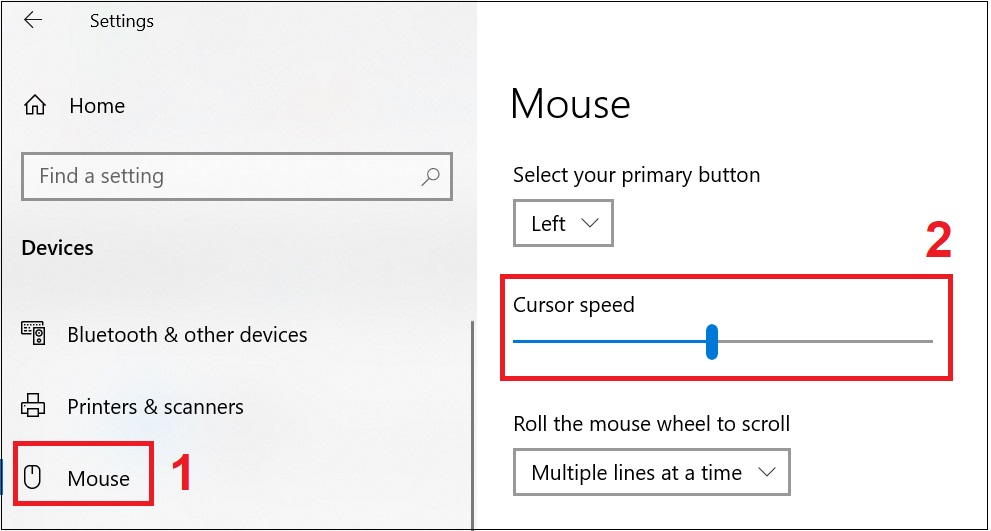 Tại thanh Cursor speed, kéo sang phải để tăng tốc độ chuột, ngược lại, kéo sang trái để giảm tốc độ chuột.