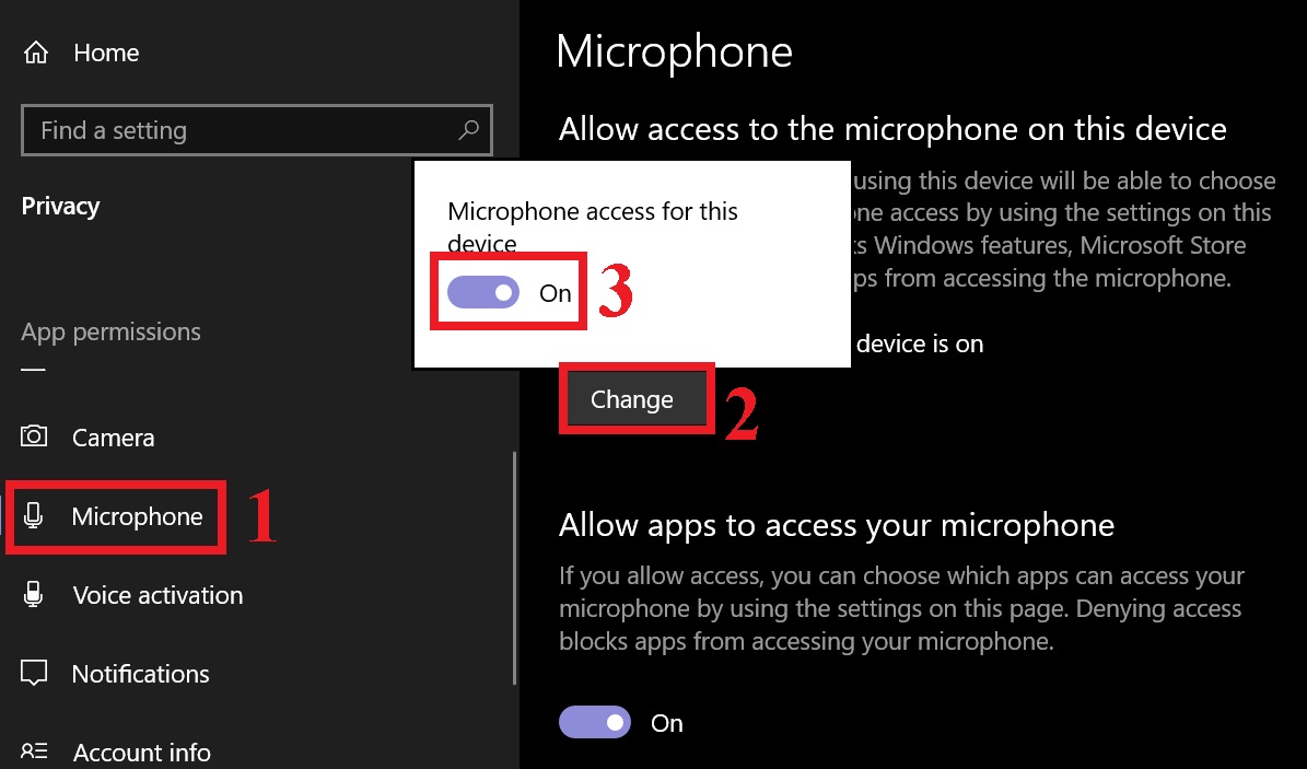 Cách khắc phục mic tai nghe không nói được trên điện thoại và máy tính > Chọn Microphone > Chọn Change > Bật mic lên.
