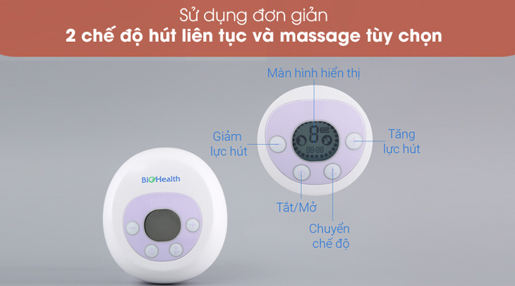 Máy hút sữa điện đơn BioHealth AE Basic sử dụng chế độ hút liên tục và hút massage, linh hoạt khi sử dụng