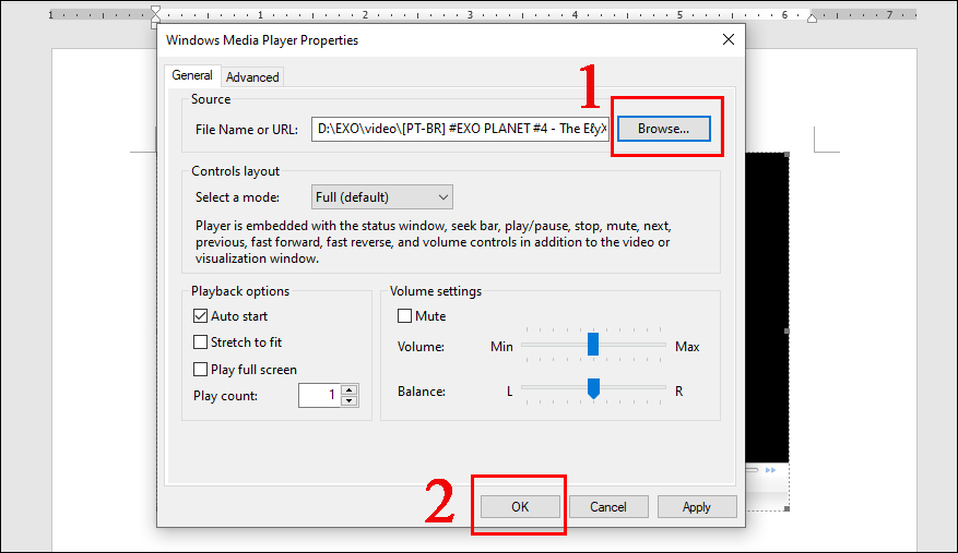 Bước 7: Nhấn vào Browse để chọn video muốn chèn vào word và bấm OK.