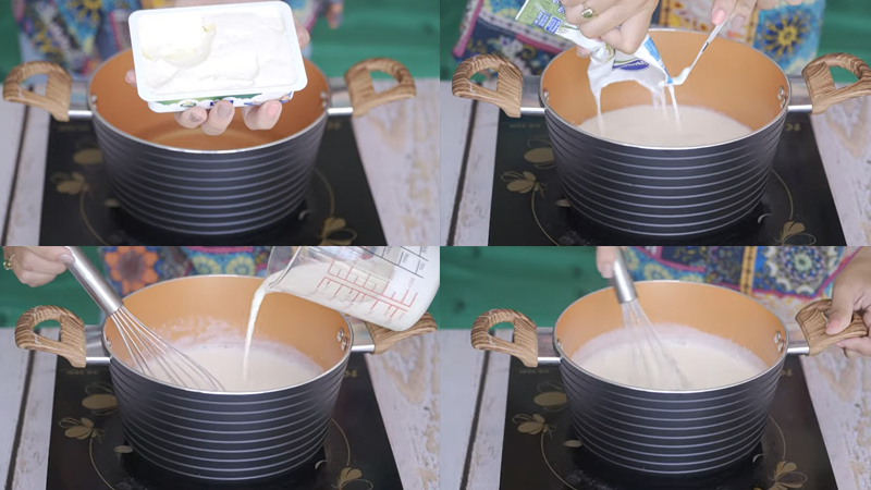 Đun hỗn hợp cream cheese, sữa và whipping cream