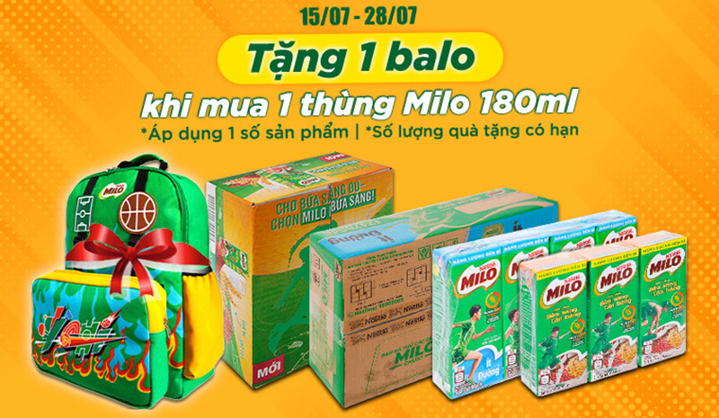 Từ 15/7 – 28/7/2022, mua 1 thùng Milo tặng ngay 1 balo