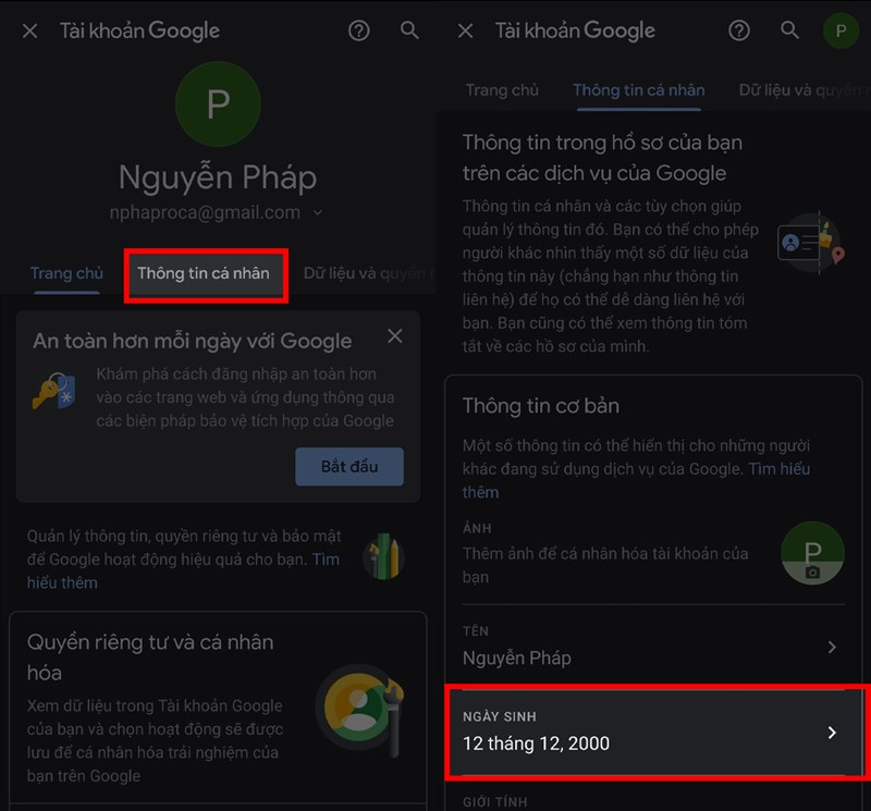 Thay dổi ngày sinh Google Thay dổi ngày sinh Google