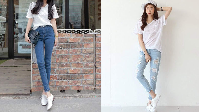 Sneaker trắng đi với áo thun và quần skinny jeans