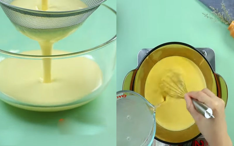 Lọc flan cheese qua rây rồi nấu cùng rau câu