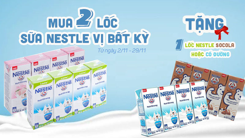 Từ 2/11 – 29/11 mua 2 lốc sữa Nestle tặng 1 lốc Nestle socola hoặc Có đường