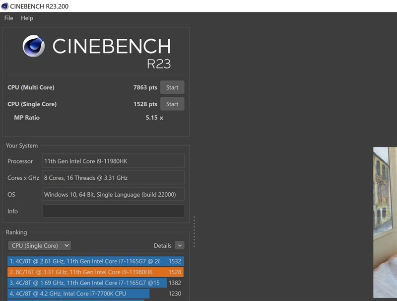 Điểm Cinbench R23 của MSI GE76 Raider. Điểm Cinbench R23 của MSI GE76 Raider.