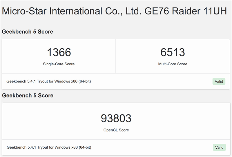Điểm GeekBench 5 của MSI GE76 Raider. Điểm GeekBench 5 của MSI GE76 Raider.