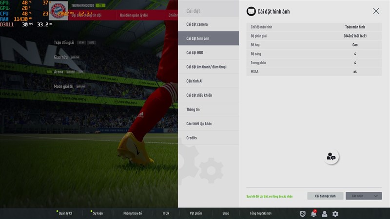 Thiết lập đồ họa trong FIFA Online 4 mà mình chỉnh để test hiệu năng MSI GE76 Raider. Thiết lập đồ họa trong FIFA Online 4 mà mình chỉnh để test hiệu năng MSI GE76 Raider.
