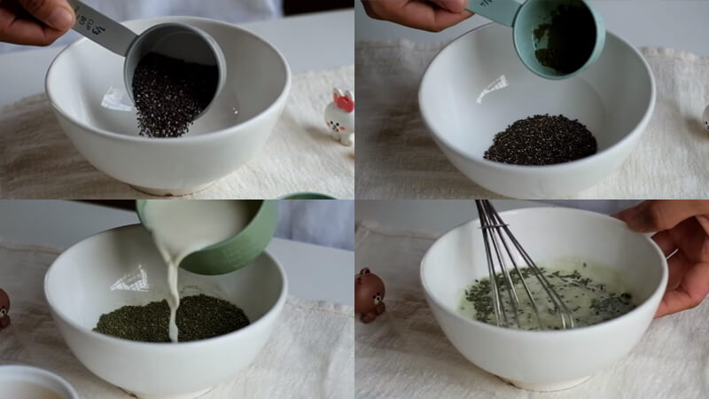 Trộn tất cả nguyên liệu làm pudding trà xanh hạt chia