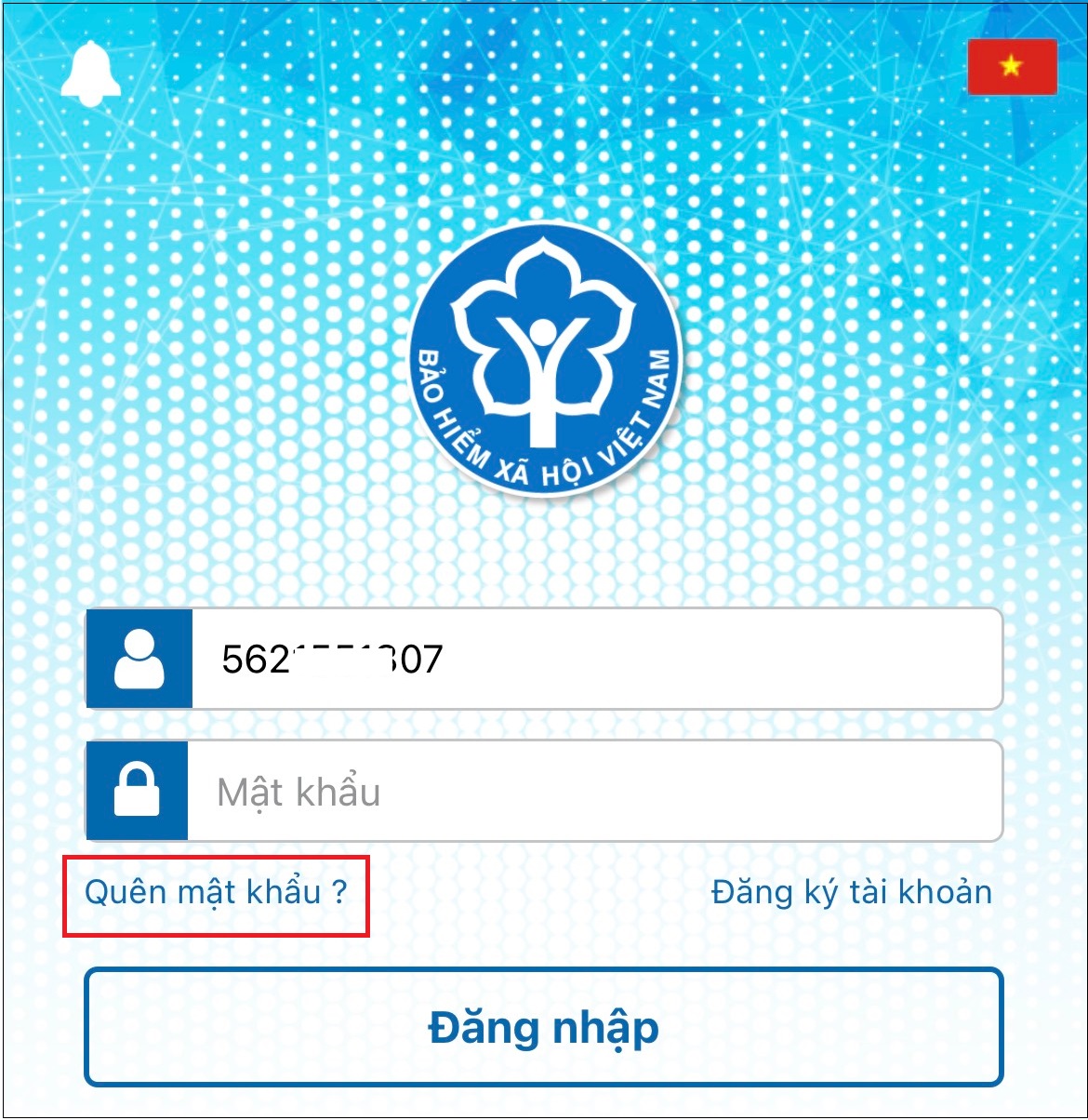 Tại giao diện đăng nhập vào ứng dụng hãy chọn Quên mật khẩu.