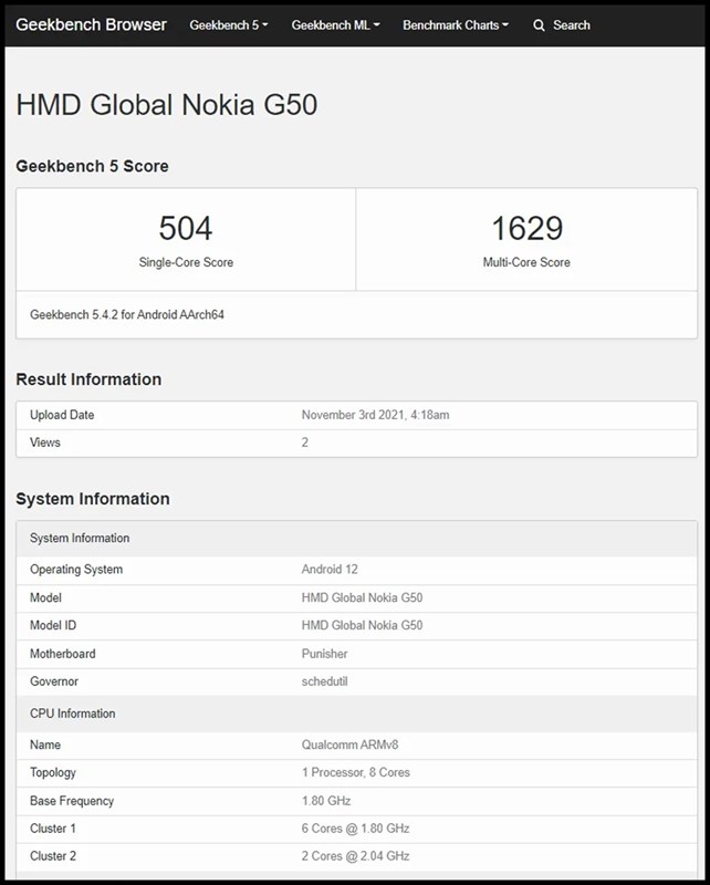 Thông tin của Nokia G50 trên Geekbench