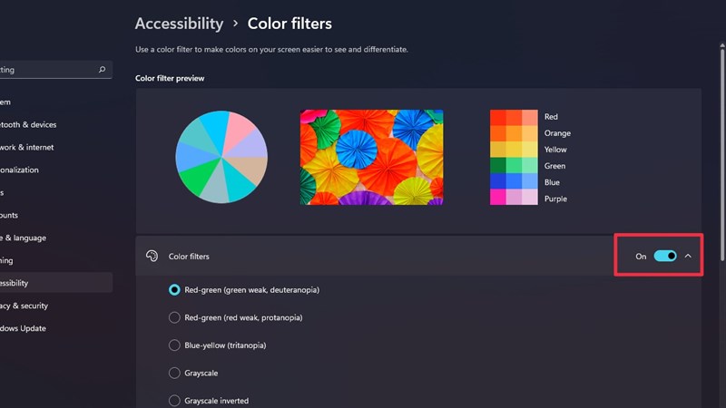 cách bật bộ lọc màu Color Filter trên windows 11