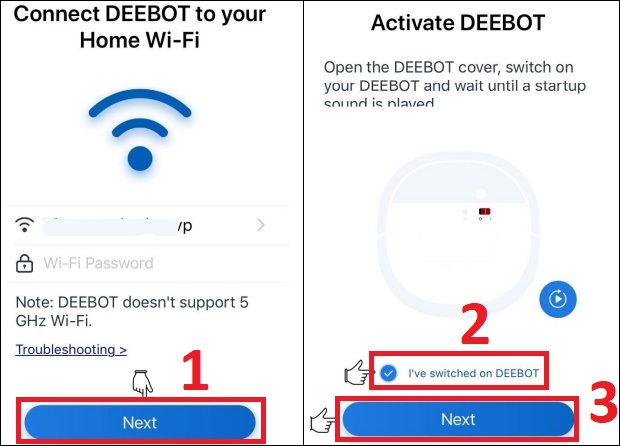 Bước 2: Lựa chọn và nhập mật khẩu Wi-fi > chọn Next (Lưu ý nhập đúng pass wifi). Bật nguồn robot và làm theo hướng dẫn trên app