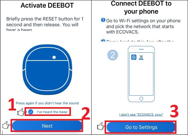 Bước 3: Bấm Reset wifi làm theo hướng dẫn trên app. Sau đó nhấn chọn I’ve heard the beep và nhấn chọn Next