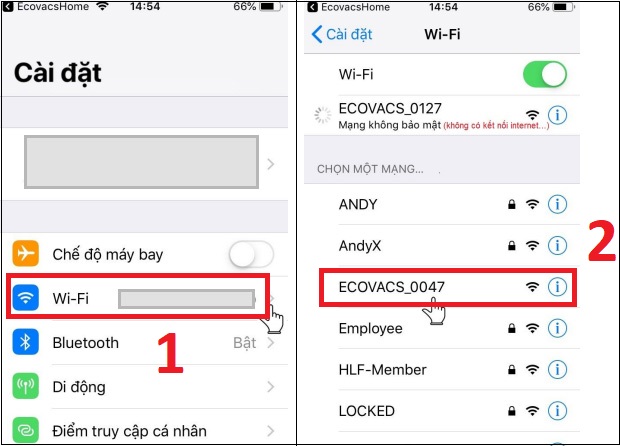 Bước 4: Cài đặt wifi trên điện thoại để tìm kiếm wifi của robot. Chọn tín hiệu wifi của robot (thường có tên Ecovacs…)