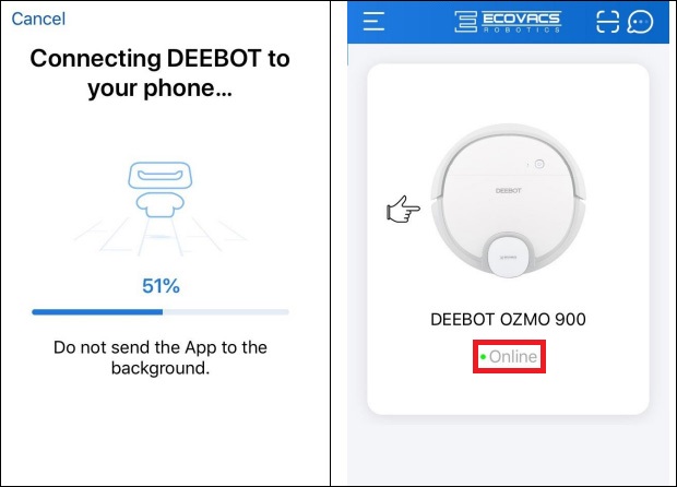 Bước 5: Khi điện thoại kết nối với robot qua wifi, robot sẽ phát âm thanh thông báo connected… và có dấu tích xanh online