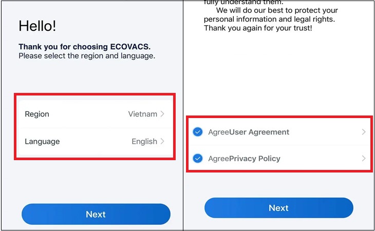 Khi bạn mới vào màn hình chính của ứng dụng Ecovacs, bạn cần thực hiện 