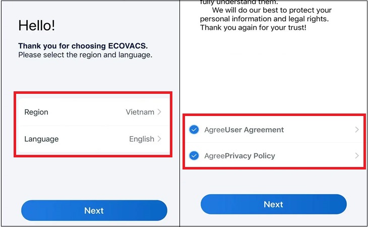Khi mới vào màn hình chính của ứng dụng Ecovacs, bạn cần thực hiện thao tác chọn vùng và ngôn ngữ