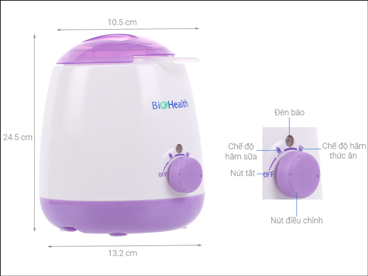 Máy hâm sữa đơn BioHealth BH8110 được trang bị điều khiển nút vặn với 4 chức năng tiện lợi.