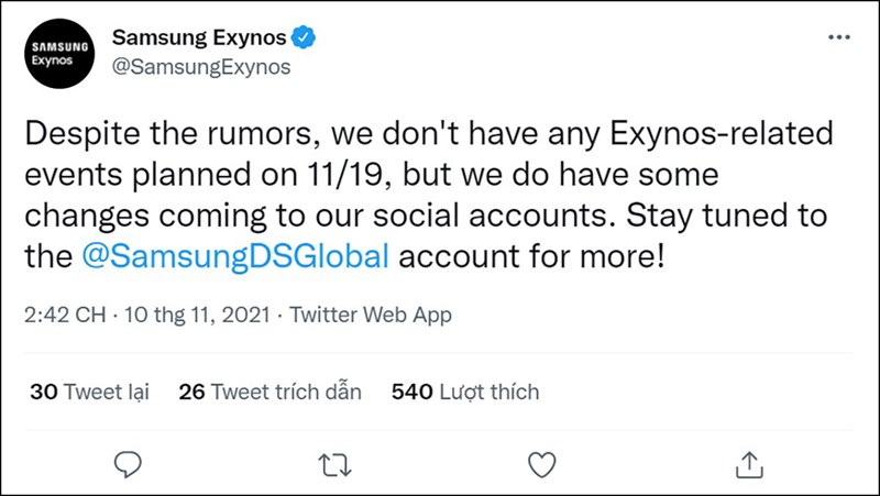 Samsung phủ nhận ra mắt Exynos 2200 vào 19/11 Samsung phủ nhận ra mắt Exynos 2200 vào 19/11