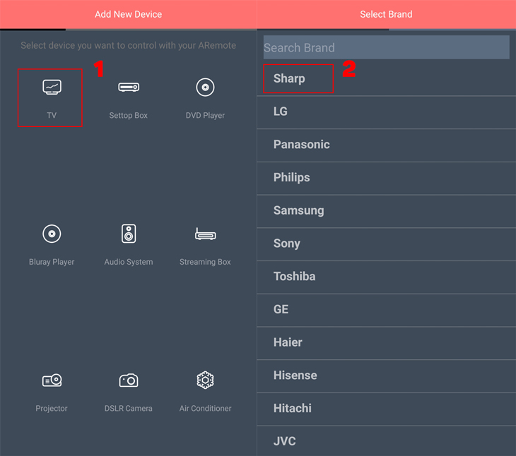 Bạn nhấp chọn tên thiết bị muốn kết nối (ví dụ này mình chọn tivi), sau đó chọn hãng sản xuất tivi nhà bạn.