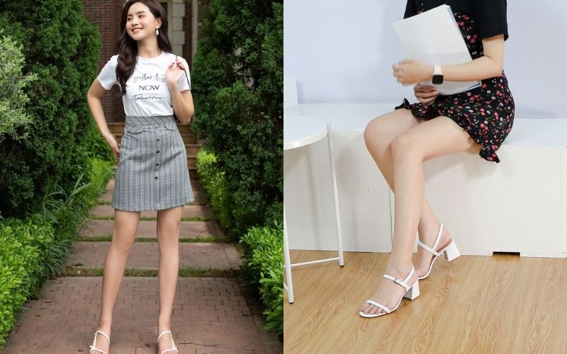 Phối chân váy chữ A với sandal màu trắng hoặc nude