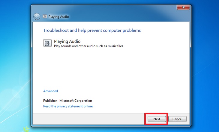 Nhấn vào nút Next để sửa chữa và khắc phục sự cố âm thanh.