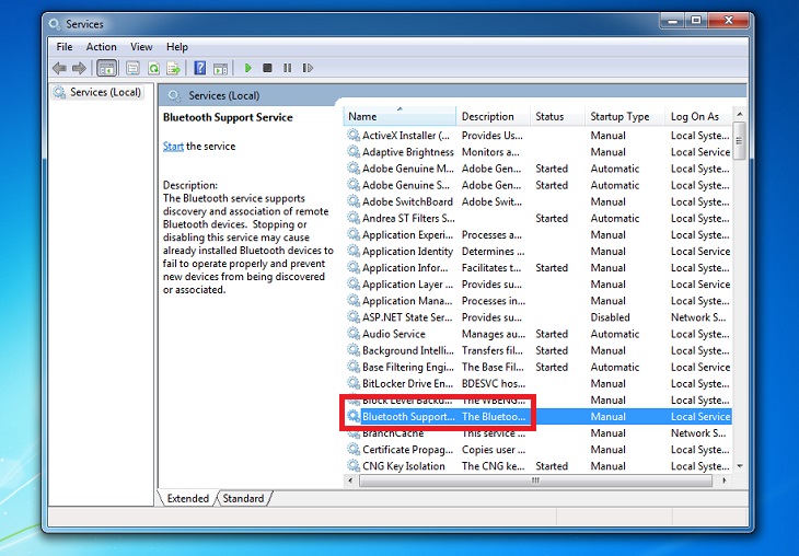 Chọn Bluetooth Support Service.