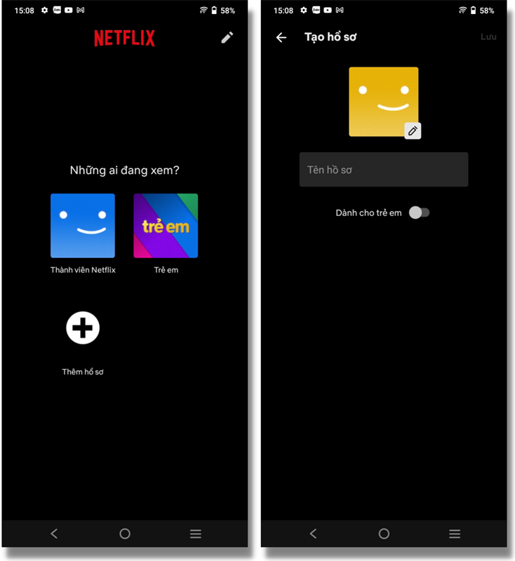 Gói Netflix miễn phí cho điện thoại Android vẫn hỗ trợ tính năng tạo nhiều hồ sơ xem phim. Gói Netflix miễn phí cho điện thoại Android vẫn hỗ trợ tính năng tạo nhiều hồ sơ xem phim.