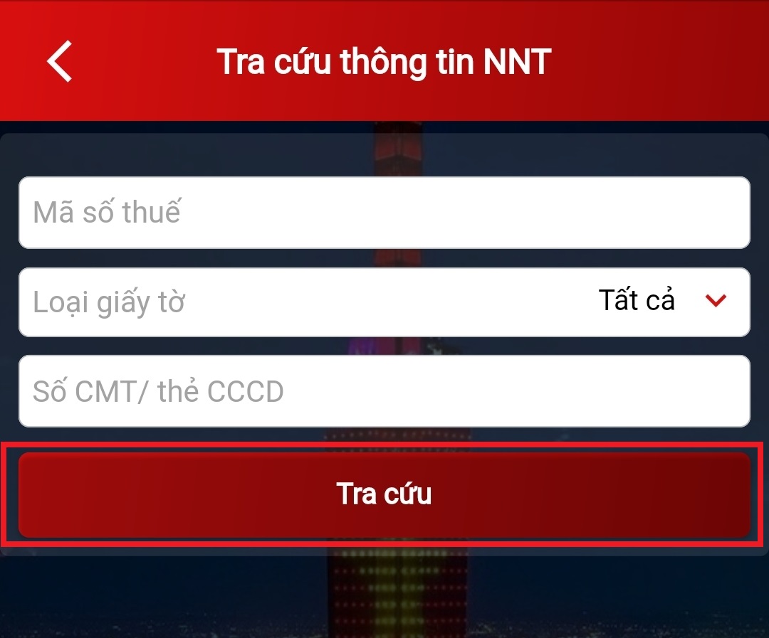 Bạn nhập mã số thuế, số CMND / CCCD và nhấn Tra cứu thông tin người nộp thuế. Bạn nhập mã số thuế, số CMND / CCCD và nhấn Tra cứu thông tin người nộp thuế.