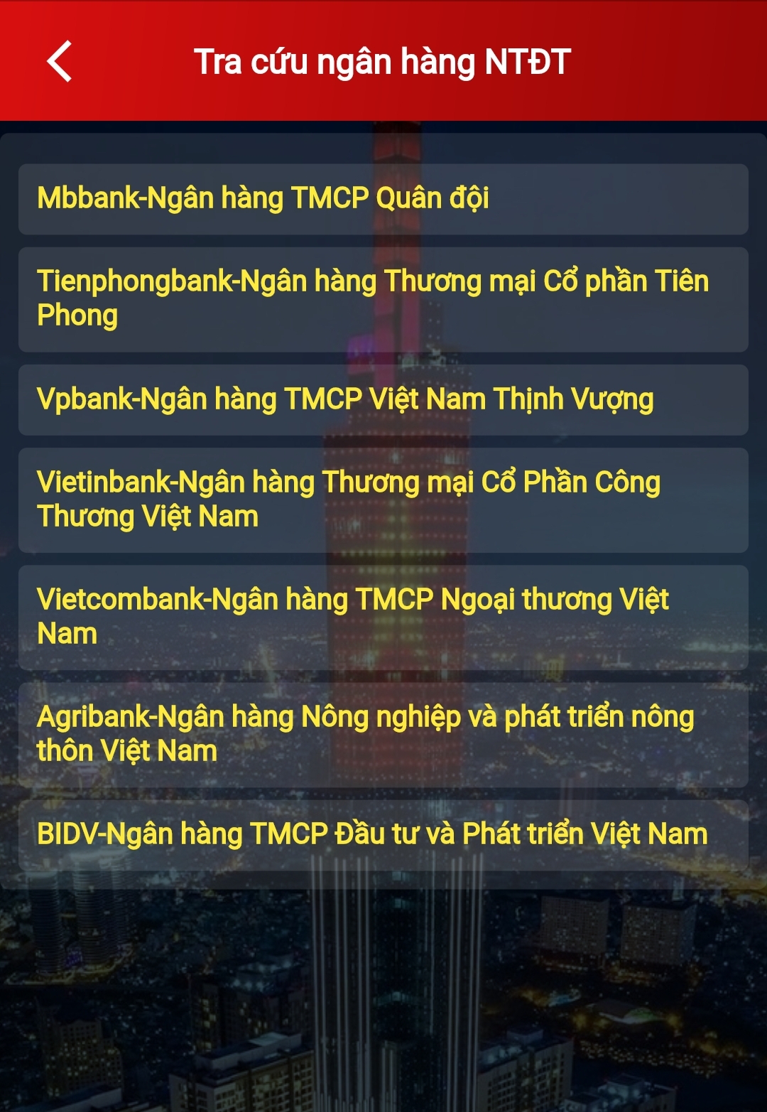 Danh sách các ngân hàng nộp thuế điện tử được hiển thị ngay lập tức. Tiện ích> Tìm ngân hàng nộp thuế điện tử.” phong cách =”chiều rộng: 730px; chiều cao: 729px;” tiêu đề =”Tiện ích> Tìm ngân hàng nộp thuế điện tử.” lớp học =”lười biếng” src =”https://cdn.tgdd.vn/Files/2021/11/12/1397670/huong-dan-su-dung-tat-tan-tat-cac-tinh-nang-cua-un-4.jpg”></div>
<p><strong>Bước 2:</strong> Danh sách các ngân hàng nộp thuế điện tử được hiển thị ngay lập tức.</p>
<p><img alt=