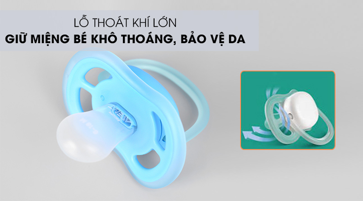 Ti giả silicone cho trẻ 6-18 tháng tuổi Philips Avent SCF542/12 được trang bị lỗ thoát khí lớn, bảo vệ da bé.