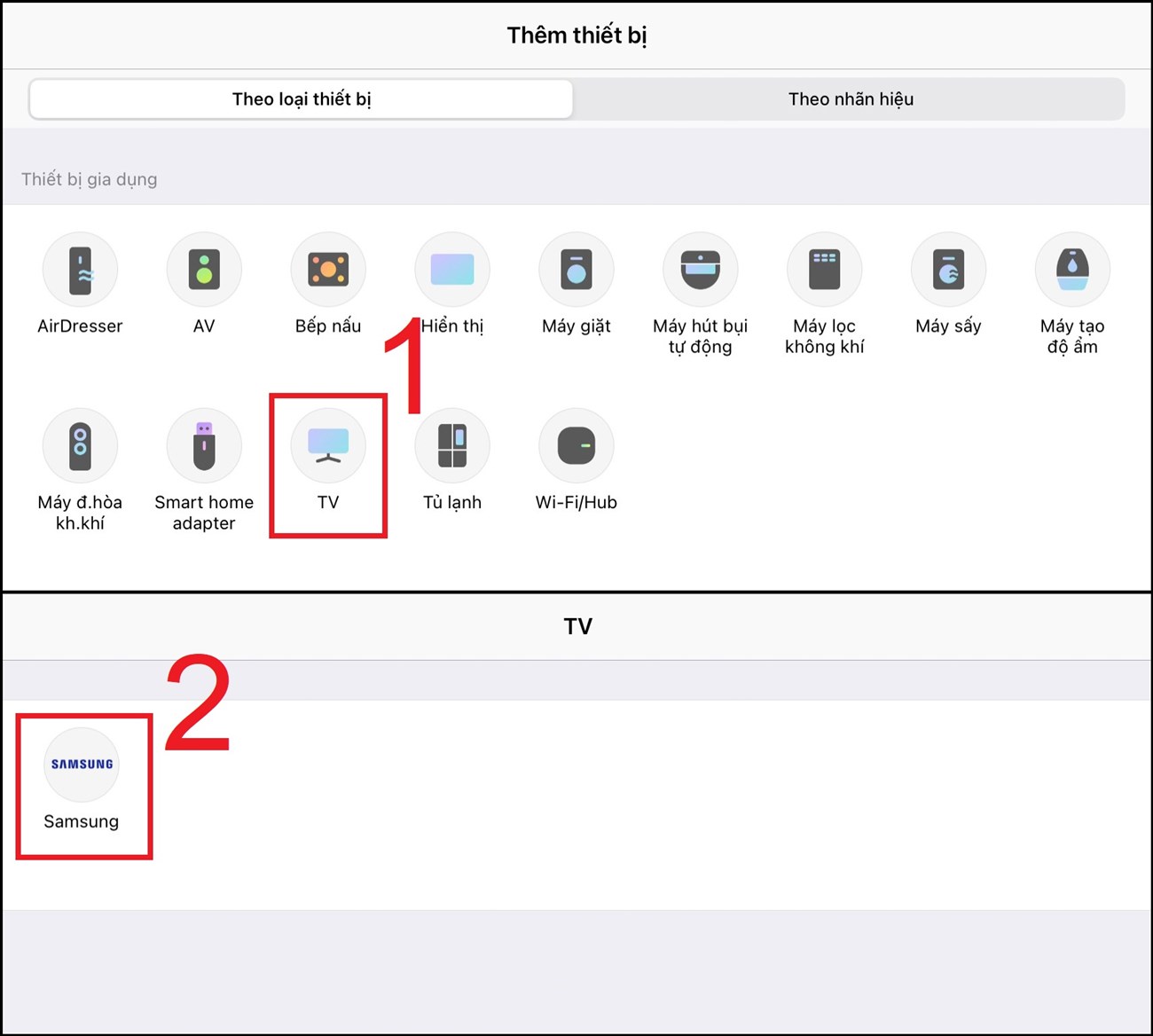 Ứng dụng sẽ hiển thị các thiết bị có thể kết nối, bạn chọn mục TV > Chọn thương hiệu Samsung.