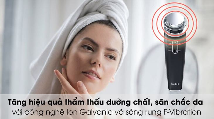 Máy đẩy tinh chất dưỡng trắng Halio ion Black được trang bị công nghệ ion Galvanic, giúp làm tăng hiệu quả trị thâm, dưỡng trắng.